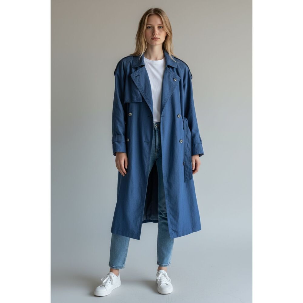 Fleet Street Navy Belted Trench Coat Size 4 Removable Plaid Quilted Liner